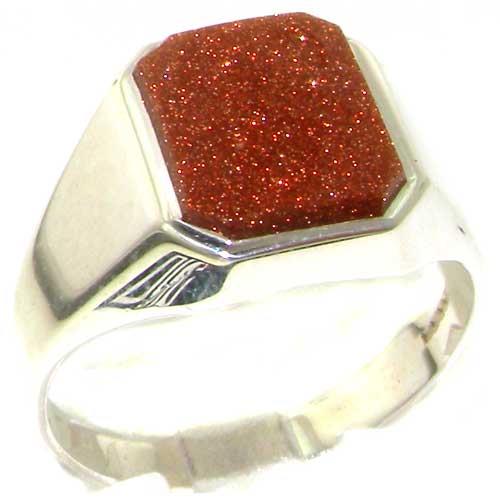 Gents Solid 925 Sterling Silver Cabochon Goldstone Mens Mans Signet Ring, Made in England   Size 12.5   Finger Sizes 6 to 13 Available