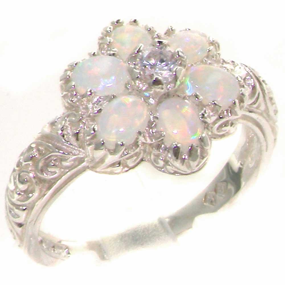 Solid 925 Sterling Silver Womens Opal & Diamond Band Ring   Size 8.25   Finger Sizes 4 to 12 Available