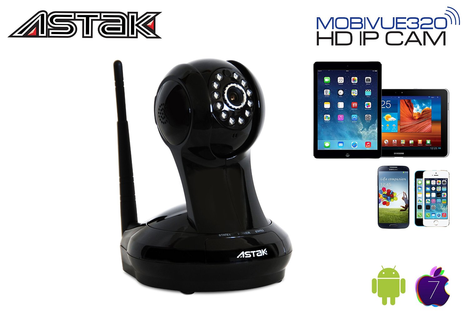Astak® Mobivue 320 Megapixel HD 1280 x 720p H.264 Wireless Pan Tilt IP Network Cloud Base Camera with 2 Way Audio IR Night Vision Motion Detection Built In DVR