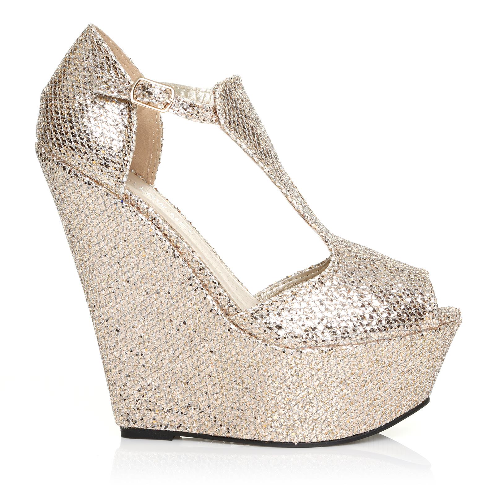 ENYA Champagne Glitter Wedge Very High Heel Platform Peep Toes Size US 9