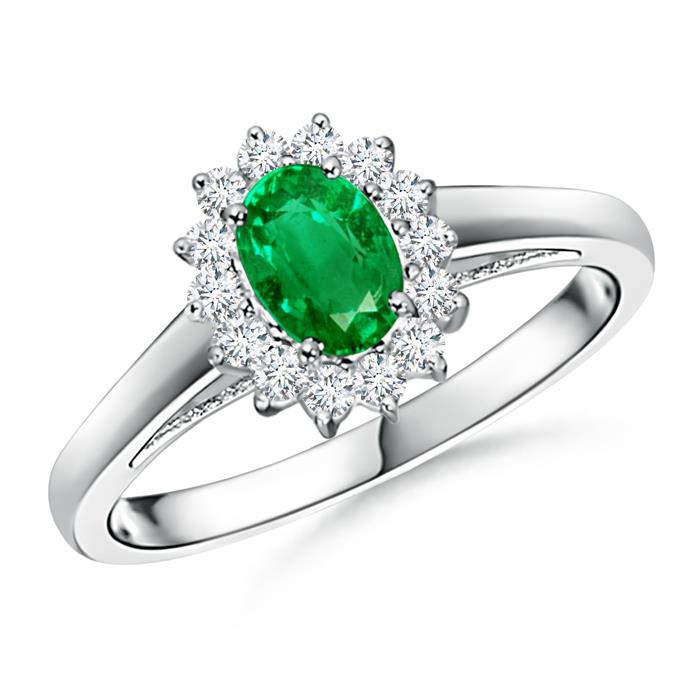 0.4ct. Oval Emerald and Diamond Halo Ring in Platinum