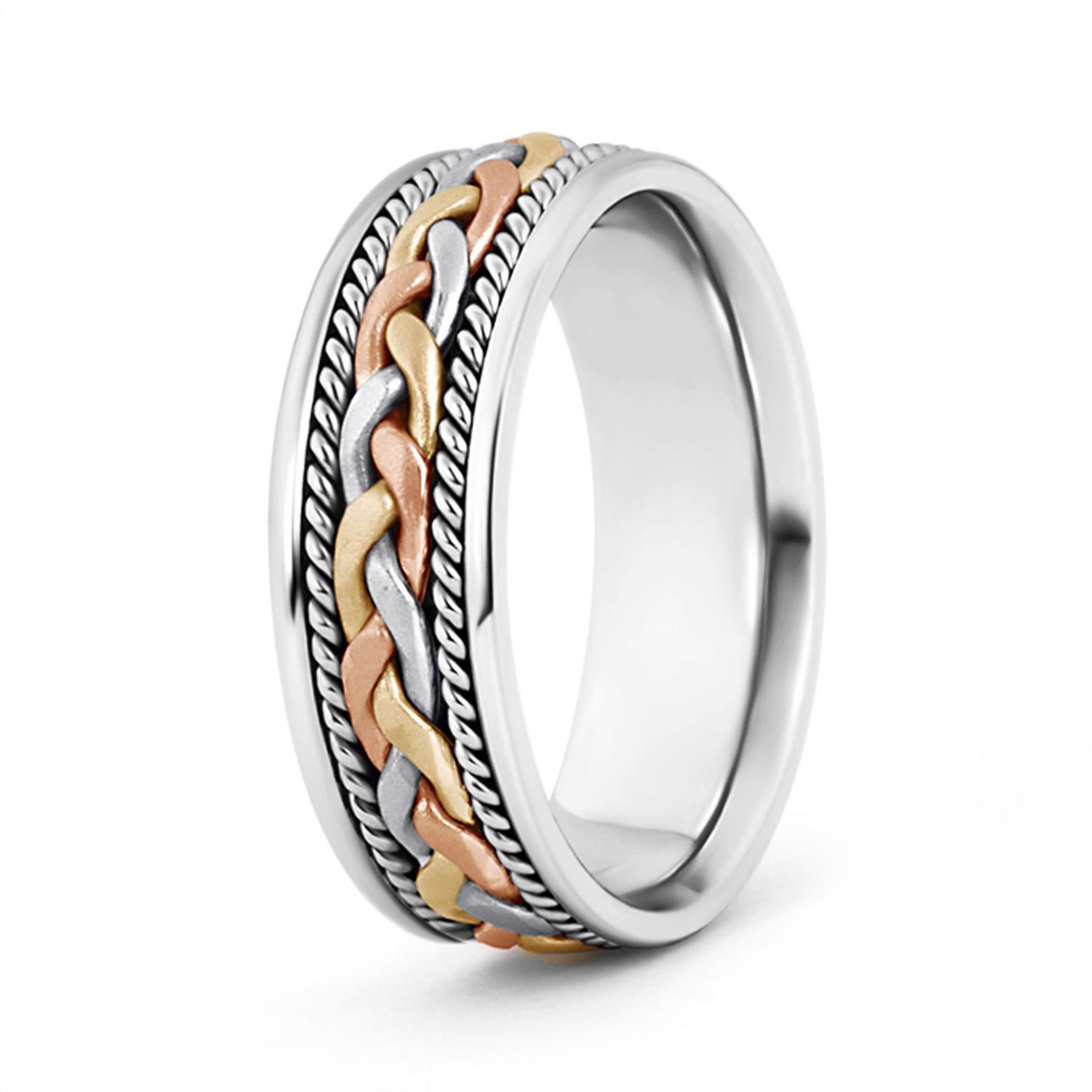 Comfort Fit Hand Woven Wedding Band in Tri Color in 14K Tricolor Gold