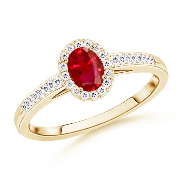 0.25ct. Oval Ruby Halo Ring With Diamond Accents in 14K Yellow Gold