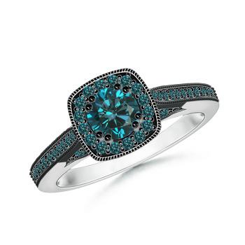 0.47ct. Vintage Inspired Enhanced Blue Diamond Halo Milgrain Border Ring in 14K White Gold