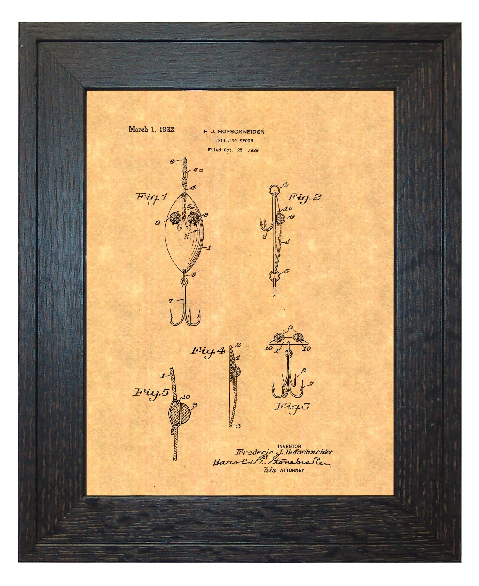 Trolling Spoon for Fishing Patent Art Print in a Rustic Oak Wood Frame