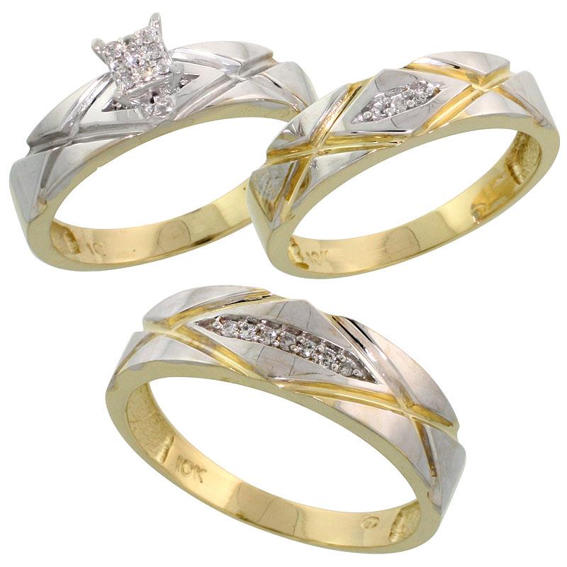 10k Yellow Gold Trio Engagement Wedding Rings Set for Him and Her 3 piece 6 mm & 5 mm wide 0.12 cttw Brilliant Cut, ladies sizes 5 û 10, mens sizes 8   14