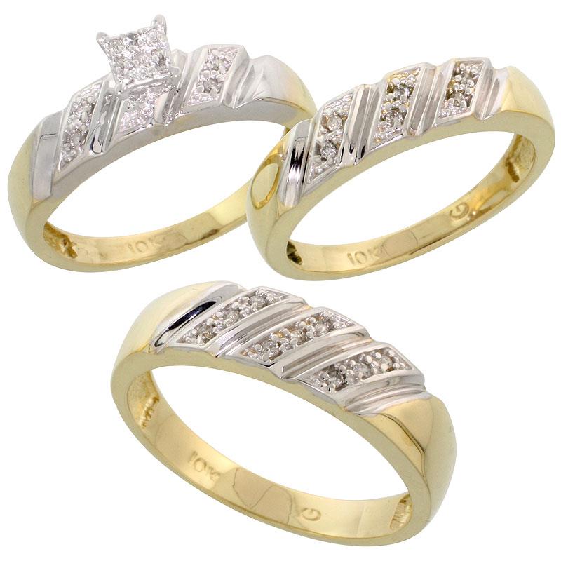 10k Yellow Gold Trio Engagement Wedding Rings Set for Him and Her 3 piece 6 mm & 5 mm wide 0.15 cttw Brilliant Cut, ladies sizes 5 – 10, mens sizes 8   14