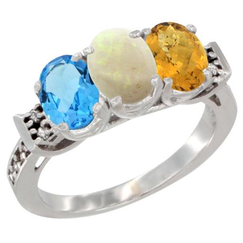 10K White Gold Natural Swiss Blue Topaz, Opal & Whisky Quartz Ring 3 Stone Oval 7x5 mm Diamond Accent, sizes 5   10