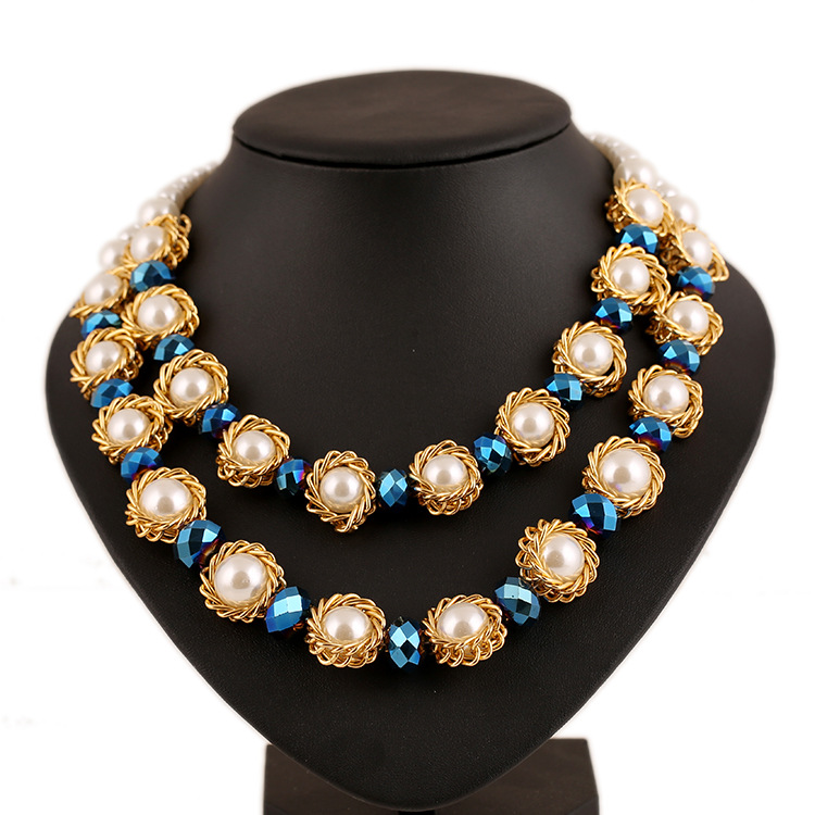 Fashion statement Hot Sale pearl jewelry Clavicle chain Gold chain Weave Crystal Flower shaped pearl necklace collar for women valentine's day love gifts 2015