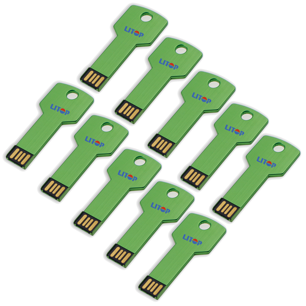 Litop Pack Of 10 Green 4GB Metal Key Shape USB Flash Drive USB 2.0 Memory Disk 