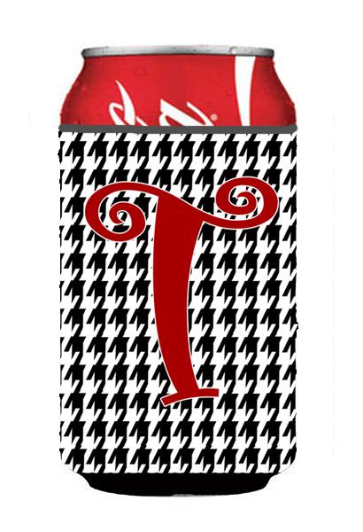 Letter T Initial Monogram   Houndstooth Black Can or Bottle Beverage Insulator Hugger