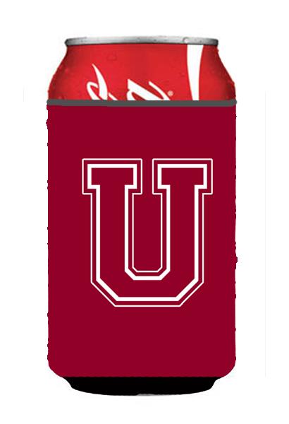 Letter U Initial Monogram   Maroon and White Can or Bottle Beverage Insulator Hugger