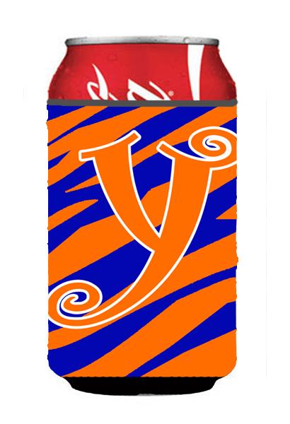 Letter Y Initial Monogram   Tiger Stripe Blue and Orange Can Beverage Insulator Hugger