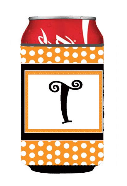 Letter T Initial Monogram   Orange Polkadots Can or Bottle Beverage Insulator Hugger