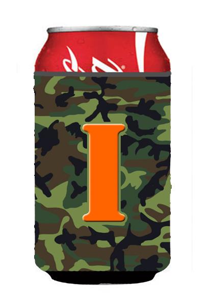 Letter I Initial Monogram   Camo Green Can or Bottle Beverage Insulator Hugger