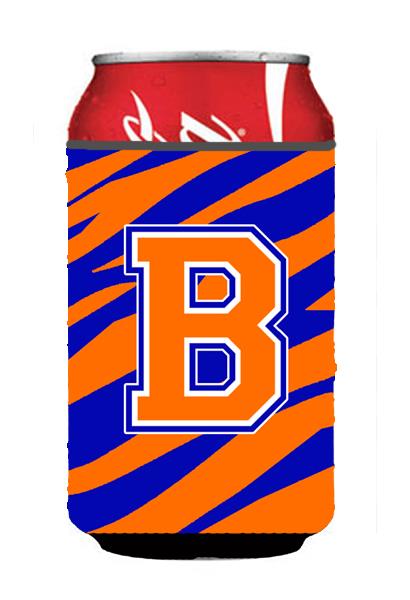 Letter B Initial Monogram Tiger Stripe Blue Orange Can or Bottle Beverage Insulator Hugger