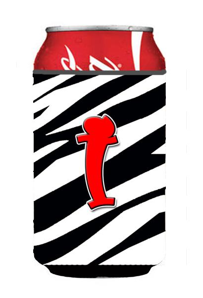 Letter I Initial Monogram   Zebra Red Can or Bottle Beverage Insulator Hugger