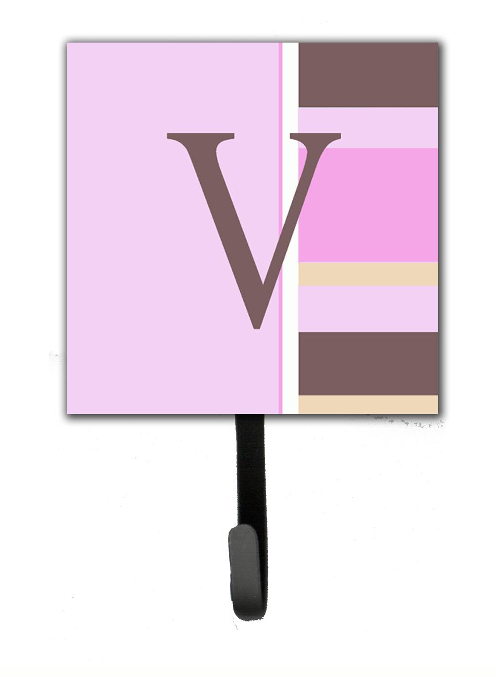 Letter V Initial Monogram   Pink Stripes Leash Holder or Key Hook