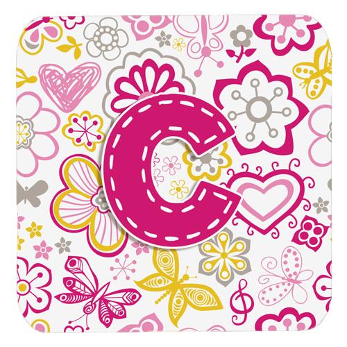 Set of 4 Letter C Flowers and Butterflies Pink Foam Coasters CJ2005 CFC