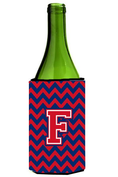 Letter F Chevron Yale Blue and Crimson Wine Bottle Beverage Insulator Hugger CJ1054 FLITERK