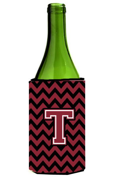 Letter T Chevron Garnet and Black  Wine Bottle Beverage Insulator Hugger CJ1052 TLITERK