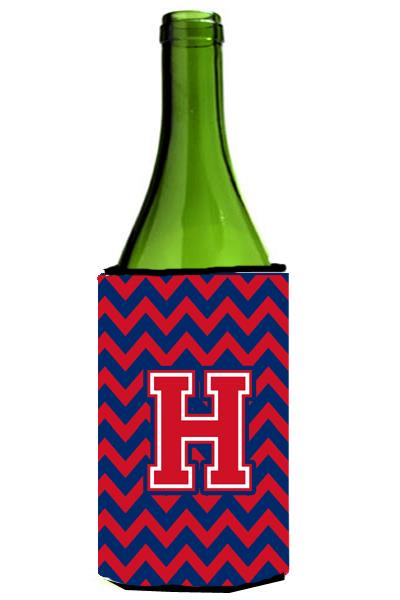 Letter H Chevron Yale Blue and Crimson Wine Bottle Beverage Insulator Hugger CJ1054 HLITERK