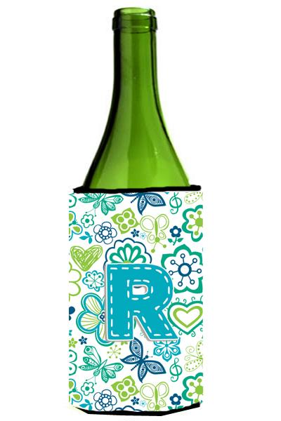 Letter R Flowers and Butterflies Teal Blue Wine Bottle Beverage Insulator Hugger CJ2006 RLITERK