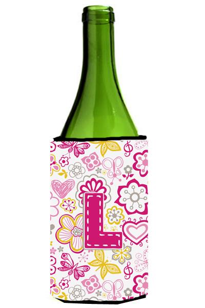 Letter L Flowers and Butterflies Pink Wine Bottle Beverage Insulator Hugger CJ2005 LLITERK