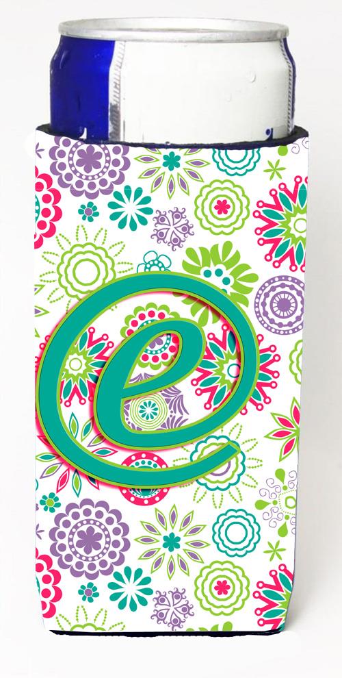 Letter E Flowers Pink Teal Green Initial Ultra Beverage Insulators for slim cans CJ2011 EMUK