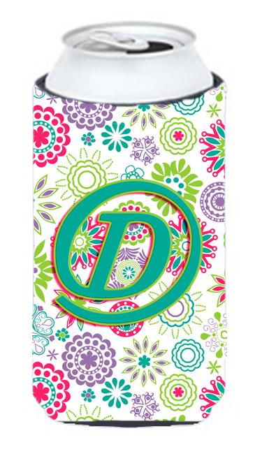 Letter D Flowers Pink Teal Green Initial Tall Boy Beverage Insulator Hugger CJ2011 DTBC