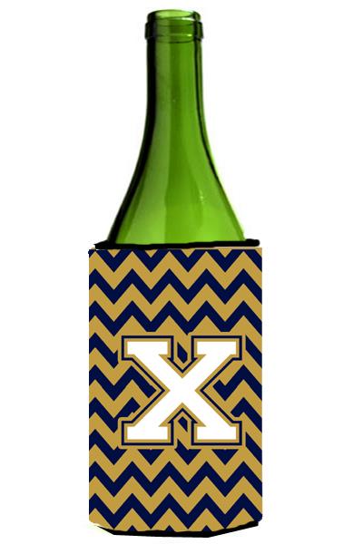 Letter X Chevron Navy Blue and Gold Wine Bottle Beverage Insulator Hugger CJ1057 XLITERK