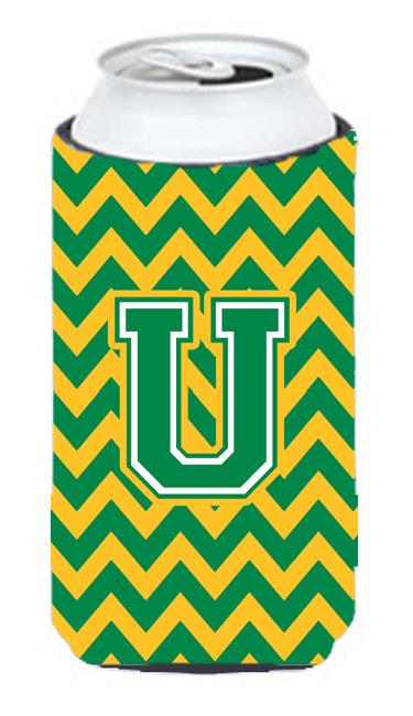 Letter U Chevron Green and Gold Tall Boy Beverage Insulator Hugger CJ1059 UTBC