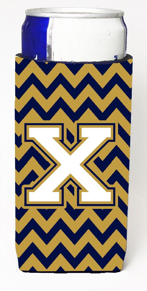 Letter X Chevron Navy Blue and Gold Ultra Beverage Insulators for slim cans CJ1057 XMUK