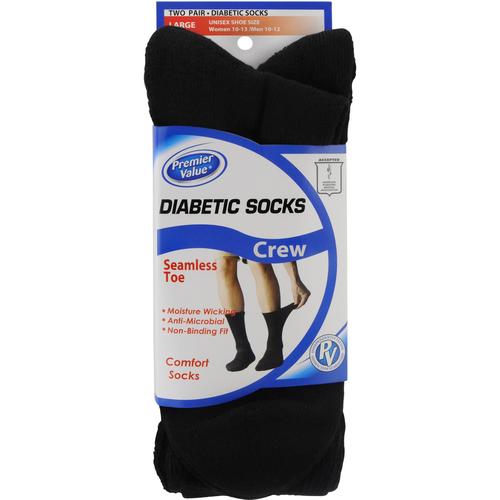 Premier Value Seamless Toe Diabetic Crew  Socks  Black Lg   2pk