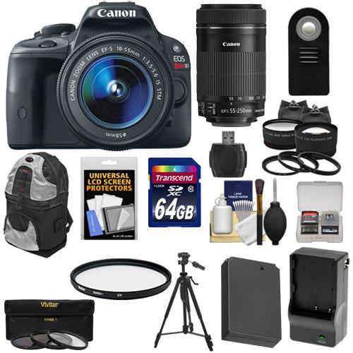Canon EOS Rebel SL1 Digital SLR Camera & EF S 18 55mm IS STM Lens (Black) with 55 250mm IS STM Lens + 64GB Card + Battery + Backpack + Tele/Wide Lens Kit