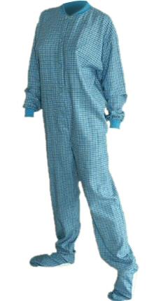 Big Feet Pjs Turquoise Blue & Green Cotton Plaid Flannel Adult Footie Footed Pajamas