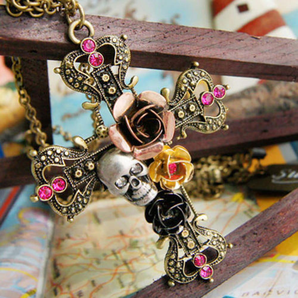 Fashion vInTage cross With Rose and skull pendant With ChaIn