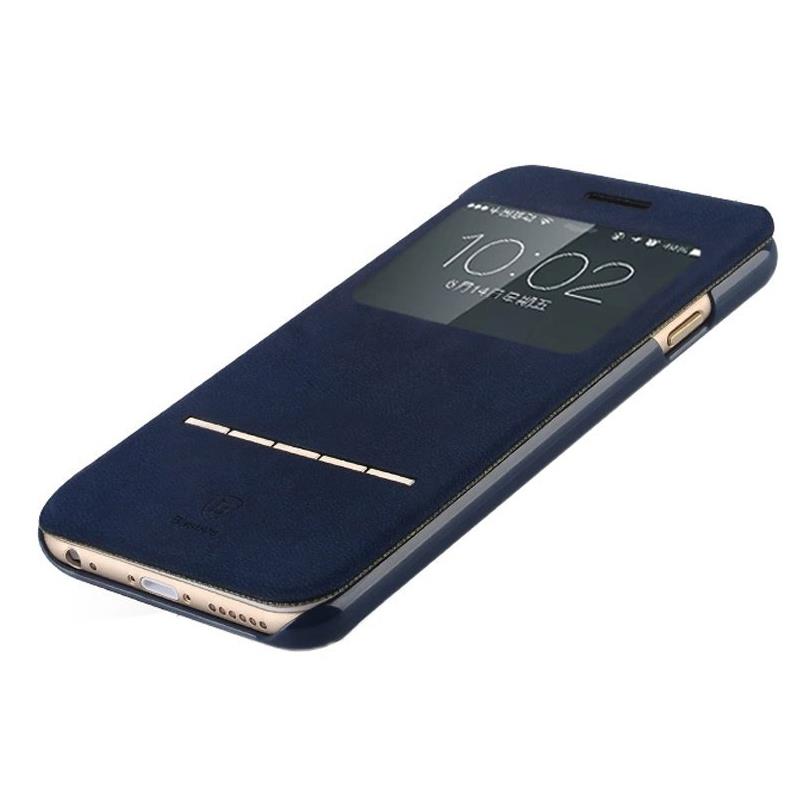 Baseus Classic Series Smart Window View Touch Metal Front Flip Cover W Open Logo Back Folio Case for iPhone 6 4.7"Blue