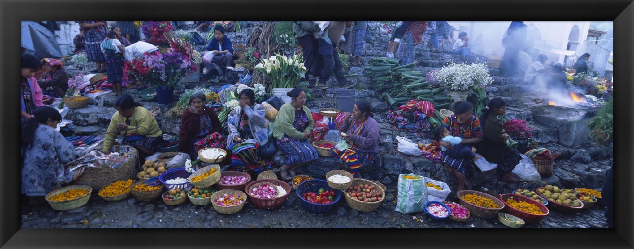 High Angle View Of A Group Of People In A Vegetable Market, Solola, Guatemala by Panoramic Images Framed Art, Size 38 X 14