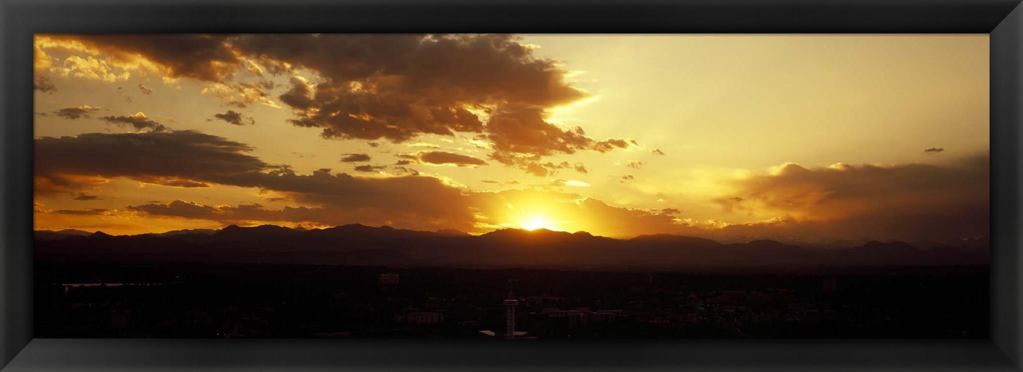 Silhouette of mountains at sunrise, Denver, Colorado, USA by Panoramic Images Framed Art, Size 38 X 14