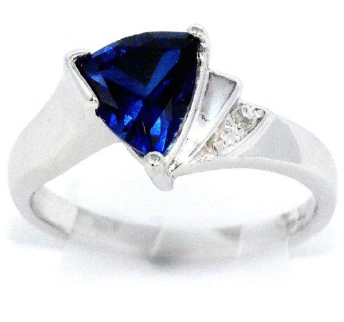 1.5 Ct Created Blue Sapphire & Diamond Trillion Ring .925 Sterling Silver Rho