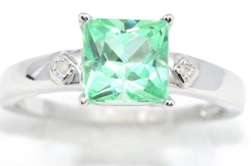 1 Ct Green Sapphire & Diamond Princess Cut Ring .925 Sterling Silver Rhodium
