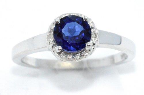 1 Ct Created Blue Sapphire & Diamond Round Ring .925 Sterling Silver Rhodium