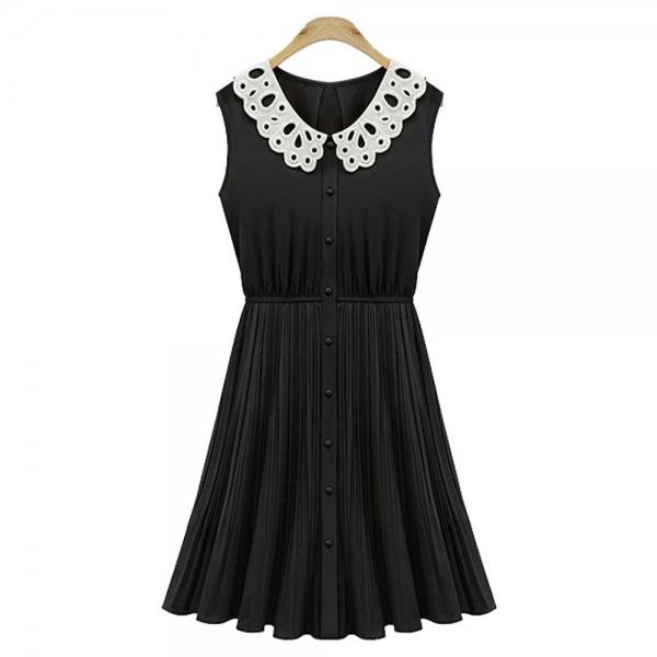 Lapel neck Sleeveless Bouffant Tunic Lace Chiffon Lady Dress 564 Black Size L