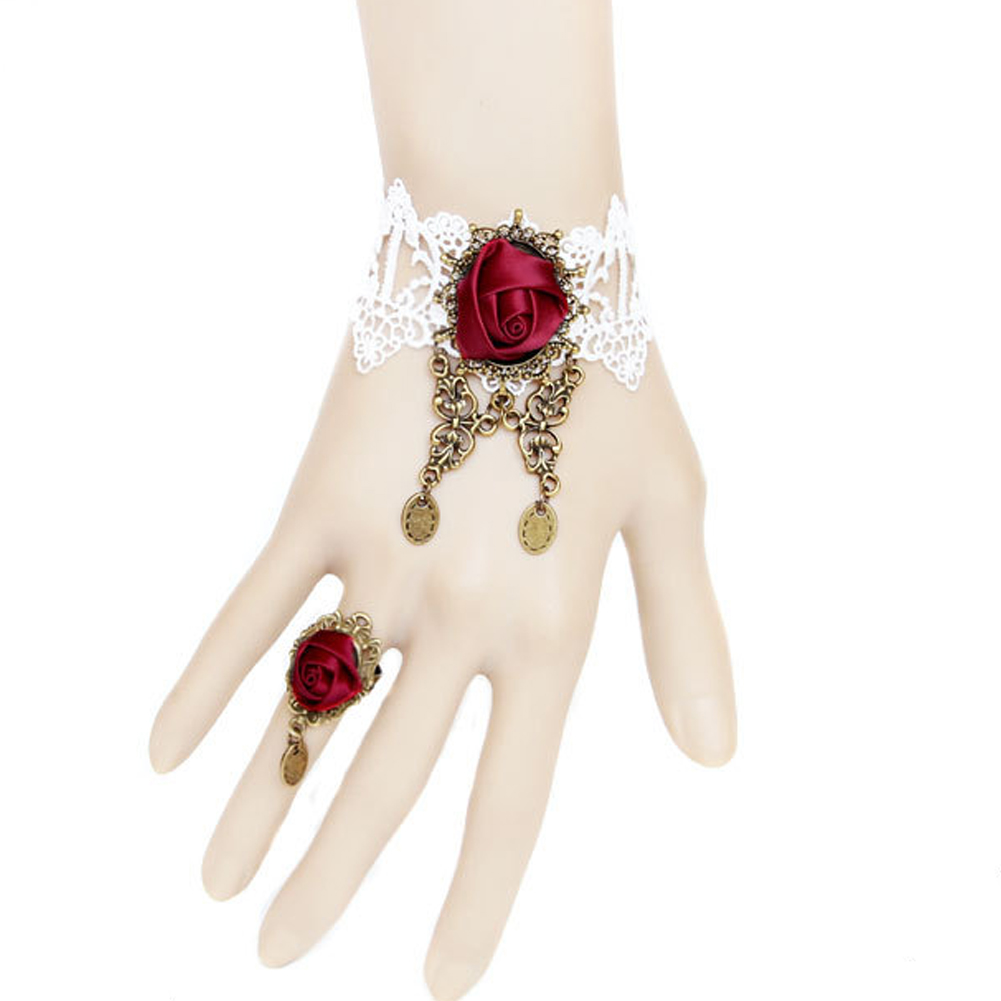 ZNUONLINE Retro Vintage Women Lady Girls White Lace Red Rose Flower Bracelet with Finger Ring Chain Wristband Wrist Band Metal Bracelet Wedding Vampire Classic With And Jewel Jewelry Present Birthday
