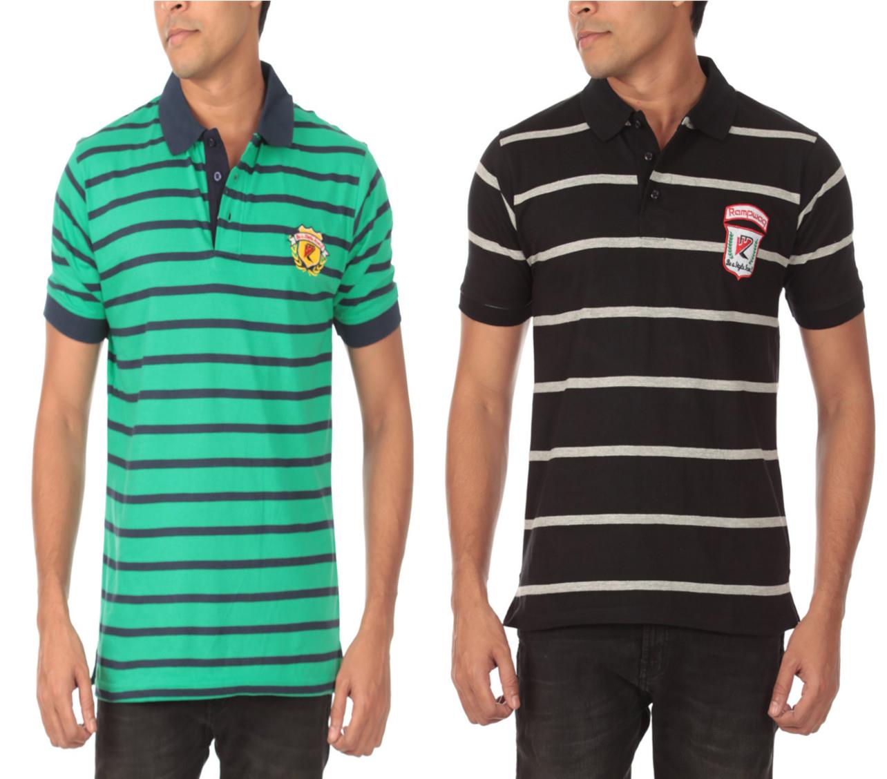 Rampwaq Men's Striped Polo Shirts   Green and Black  Pack of 2