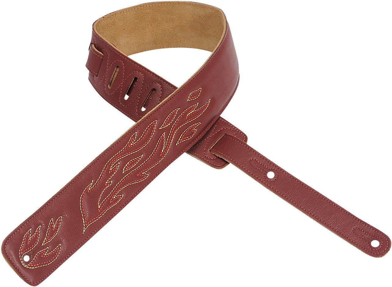Levy's DM1SGF BRG 2.5" Leather Guitar/Bass Strap w/ Flame  Embroidery   Burgundy