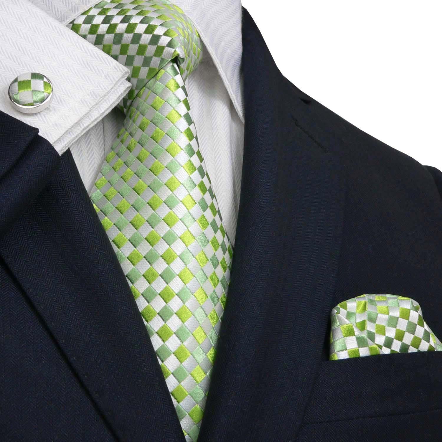 Landisun Plaids & Checks Men Silk Tie Set:  Tie+Hanky+Cufflinks 341 Bright Green, 59" x 3.75"