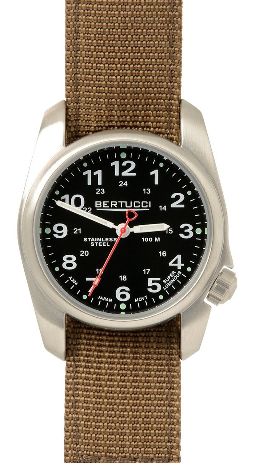 Bertucci 10012 Unisex A 1S Field Stainless Brown Nylon Band Black Dial Silver Watch