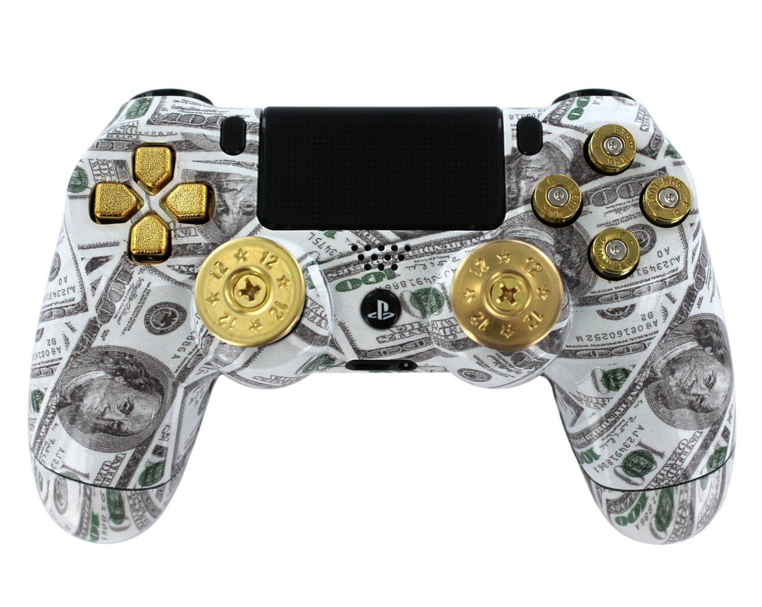 "Money Talks w/ShotGun Thumbsticks and Real Gold 9 mm Bullet Buttons" PS4 Custom Modded Controller